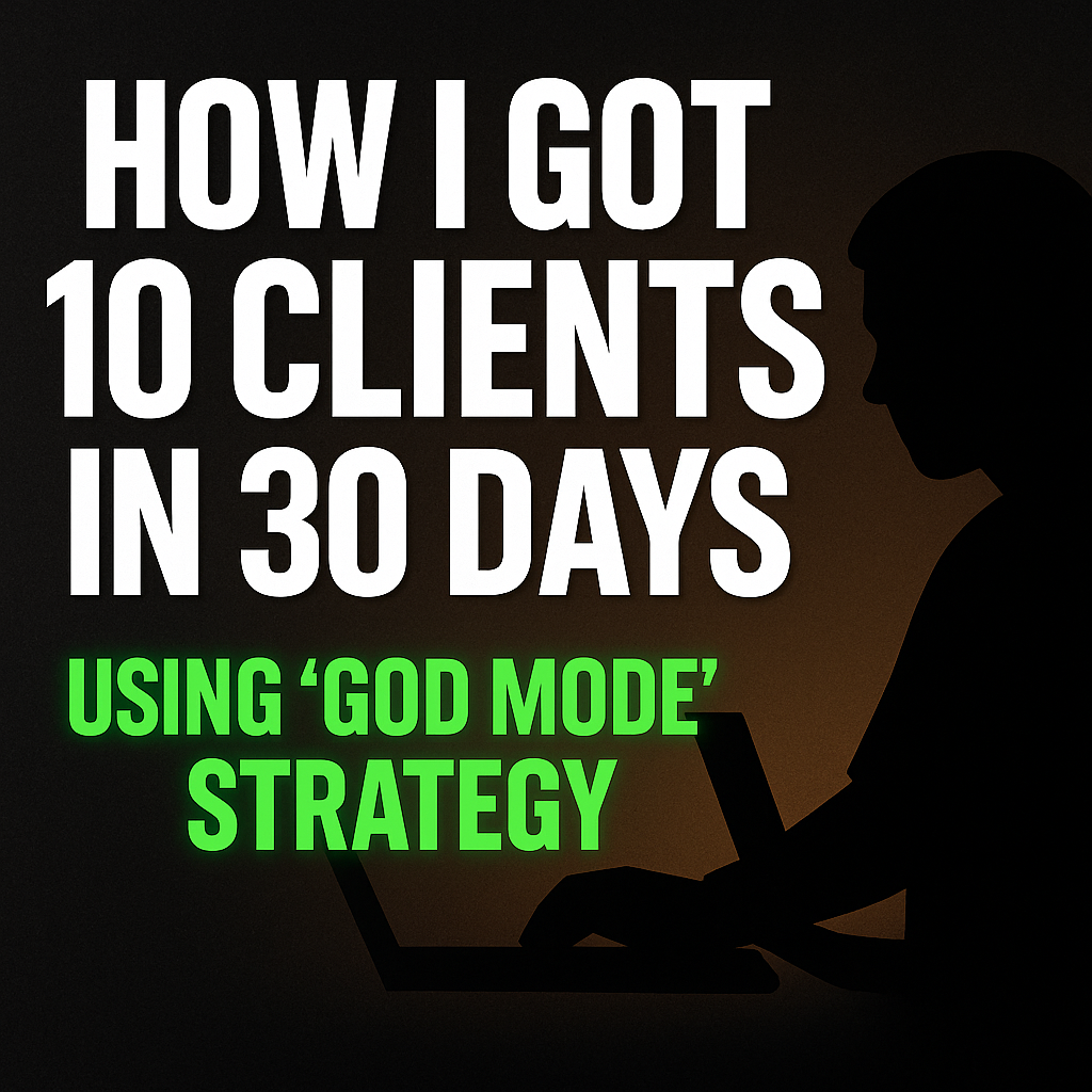 Dark-themed promotional image with glowing green text reading “God Mode Strategy” and a person at a laptop.