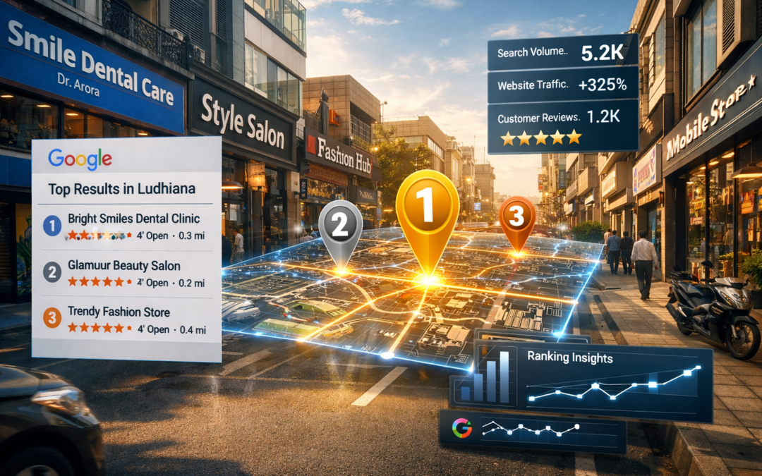 local seo ludhiana google maps seo rank in google maps ludhiana local seo services ludhiana local seo ludhiana google maps seo rank in google maps ludhiana local seo services ludhiana A modern city street in Ludhiana with small businesses like dental clinics, salons, and shops, overlaid with a glowing Google Maps interface showing top map rankings and location pins, digital marketing analytics style, bright daylight, cinematic lighting, ultra realistic, tech-business theme