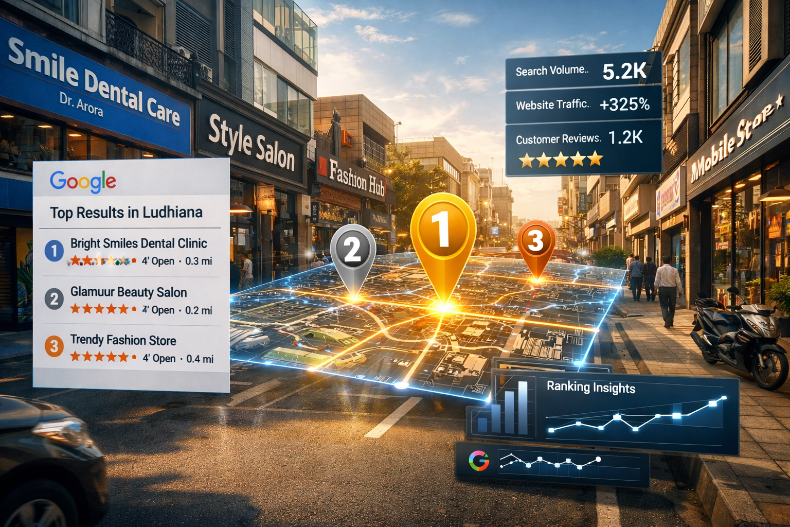 local seo ludhiana google maps seo rank in google maps ludhiana local seo services ludhiana local seo ludhiana google maps seo rank in google maps ludhiana local seo services ludhiana A modern city street in Ludhiana with small businesses like dental clinics, salons, and shops, overlaid with a glowing Google Maps interface showing top map rankings and location pins, digital marketing analytics style, bright daylight, cinematic lighting, ultra realistic, tech-business theme