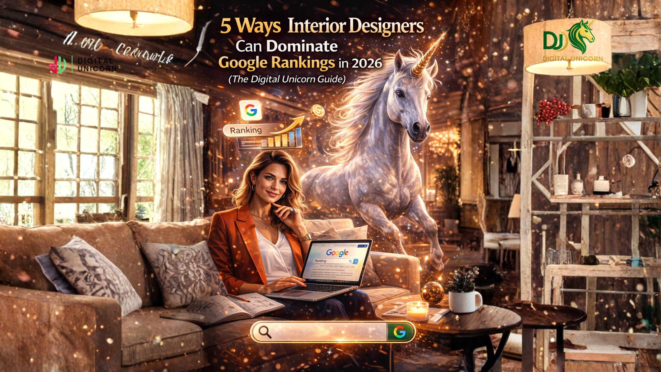 Modern luxury living room with biophilic design elements, illustrating SEO best practices for interior designers