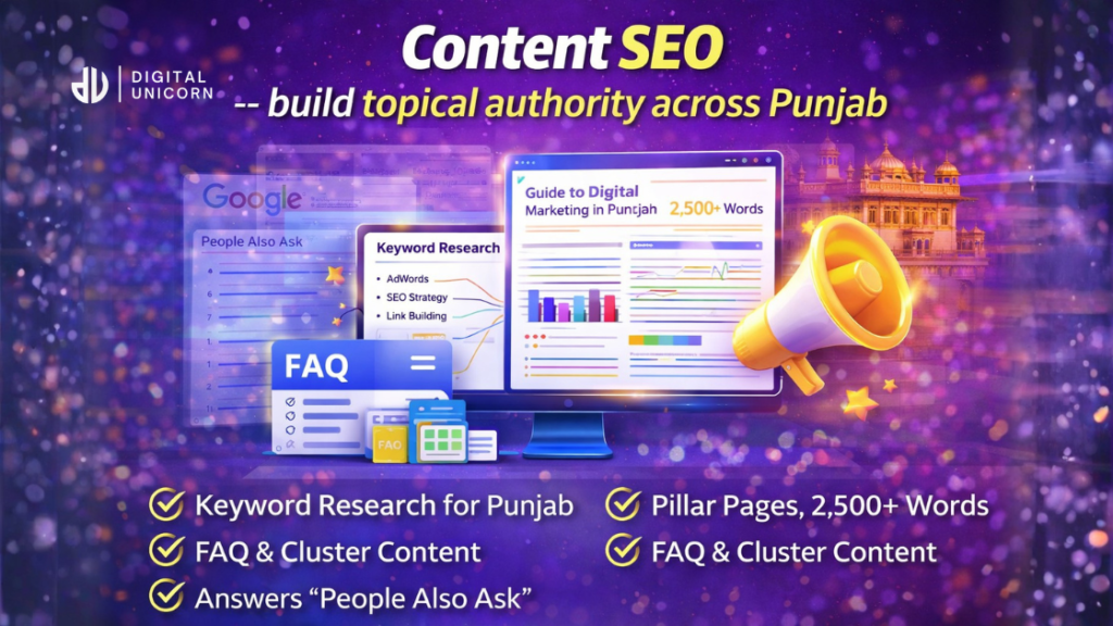 Best SEO Company in Punjab — Proven Rankings for Local Businesses (2026) Quick answer: Digital Unicorn is rated among the best SEO companies in Punjab with clients in Ludhiana, Amritsar, Jalandhar, Patiala and Mohali. We deliver first-page Google rankings through technical SEO, local SEO, content strategy and ethical link building — with transparent monthly reporting and no lock-in contracts. Finding the best SEO company in Punjab is not just about who promises the most — it is about who delivers consistent, measurable results. With hundreds of agencies making the same claims, the difference comes down to process, transparency, and proven outcomes for Punjab businesses specifically. At Digital Unicorn we have spent years building SEO systems specifically for the Punjab market. We understand local search behaviour, regional competition, and the specific industries that drive Punjab's economy — from manufacturing and textiles in Ludhiana to hospitality in Amritsar and education in Jalandhar. What Makes the Best SEO Company in Punjab — Our Criteria Criteria	What Digital Unicorn delivers Proven local results	Case studies from Punjab businesses — real GSC data, real rankings, real leads Transparent reporting	Monthly reports showing clicks, impressions, keyword positions — all from your own GSC No black-hat shortcuts	Only white-hat techniques — no PBNs, no link farms, no keyword stuffing Industry specialisation	We know real estate, clinics, coaching, manufacturing and retail in Punjab Full-service capability	SEO + content + technical + local — all under one roof, one strategy Our SEO Services for Punjab Businesses Local SEO — dominate Punjab city searches Whether you need to rank in Ludhiana, Amritsar, Jalandhar, Patiala or Mohali — our local SEO service targets city-specific searches and Google Maps rankings. We optimise your Google Business Profile, build local citations, generate reviews, and create location pages that rank. •	Google Business Profile optimisation for every Punjab city you serve •	Local citation building — consistent NAP across 50+ Indian directories •	Near me search ranking — appear when customers search near your location •	Multi-city SEO — rank in multiple Punjab cities simultaneously Technical SEO — fix what Google cannot crawl Most Punjab business websites have technical issues silently preventing Google from properly indexing their pages. Our technical audit catches every problem — from broken sitemaps and slow load times to cannibalized content and crawl waste. •	Core Web Vitals optimisation — LCP, CLS, FID all green •	Sitemap repair and submission to Google Search Console •	Crawl budget optimisation — noindex low-value pages •	Schema markup — LocalBusiness, FAQ, Article, Service •	Redirect chain cleanup and canonicalisation fixes Content SEO — build topical authority across Punjab We create content that positions your website as the authoritative source for your industry across Punjab. From pillar pages targeting broad terms to cluster articles targeting specific buyer questions — every piece is strategically planned to rank and convert. •	Keyword research targeting Punjab-specific search intent •	Pillar pages — comprehensive 2,500+ word guides •	Cluster articles — supporting posts targeting long-tail keywords •	FAQ content targeting Google's AI Overviews and People Also Ask •	Monthly content calendar aligned to seasonal demand in Punjab Link Building — earn authority ethically Backlinks from credible Indian sources remain one of Google's top ranking signals. We build links that actually move rankings — through genuine outreach, guest posts on Indian business publications, and digital PR campaigns. •	Guest posts on YourStory, Inc42, Digital Vidya and sector-specific publications •	Directory listings on Clutch, GoodFirms, JustDial, IndiaMART •	Digital PR — original Punjab market research that earns media citations •	Skyscraper outreach — build better resources than competitors and earn their links SEO Results for Punjab Businesses Ludhiana Business — 3x impressions in 90 days A Ludhiana service business came to us with 895 monthly impressions and 7 clicks. After fixing technical issues, consolidating 200+ cannibalised articles, and rebuilding the content architecture — impressions tripled within 90 days and the site began generating consistent organic leads for the first time. Amritsar Hospitality Business — Local 3-pack in 60 days A hospitality business in Amritsar was invisible on Google Maps despite having a 5-year-old website. We rebuilt their Google Business Profile, built 40+ local citations, and created neighbourhood-specific content. Within 60 days they ranked in the local 3-pack for their primary search terms. Jalandhar Manufacturer — B2B leads from Google A manufacturer in Jalandhar had never received a B2B enquiry from Google. We built a content strategy targeting industrial buyer queries specific to their product category. Within 4 months they received 8–12 qualified B2B enquiries per month directly from organic search. SEO Pricing for Punjab Businesses Package	Monthly investment	Best for	Timeline Local SEO	₹8,000–₹15,000	Single city, clinics, retail	60–90 days Growth SEO	₹15,000–₹30,000	Multi-city Punjab businesses	90–120 days Authority SEO	₹30,000–₹60,000	Competitive industries	120–180 days Enterprise	Custom quote	National reach, ecommerce	Custom Cities We Serve Across Punjab •	SEO services in Ludhiana — our home city, deepest market knowledge •	SEO services in Amritsar — tourism, hospitality, retail, healthcare •	SEO services in Jalandhar — manufacturing, sports goods, education •	SEO services in Patiala — education, healthcare, retail •	SEO services in Mohali — IT companies, startups, real estate •	SEO services in Bathinda — agriculture, healthcare, retail •	SEO services in Phagwara, Hoshiarpur, Ludhiana districts Frequently Asked Questions ADD RANKMATH FAQ SCHEMA BLOCK FOR EACH QUESTION How do I choose the best SEO company in Punjab? Look for three things: proven results from Punjab businesses specifically (ask for GSC screenshots, not just ranking claims), transparent monthly reporting that shows actual traffic data, and a clear process that avoids black-hat techniques. At Digital Unicorn we provide full GSC access, monthly reports with real data, and case studies from businesses in Ludhiana, Amritsar and Jalandhar. How long does SEO take to show results in Punjab? For local Punjab businesses, meaningful ranking improvements typically appear within 60–90 days for local SEO work. Broader keyword rankings take 90–150 days. The timeline depends on your current website health, domain age, competition level, and how aggressively we build content and links. We give you a realistic timeline during your free strategy call based on your specific situation. Is Digital Unicorn the best SEO company in Punjab? We let our results speak. We have delivered first-page rankings for businesses in Ludhiana, Amritsar, Jalandhar and across Punjab using transparent white-hat methods. We publish case studies with real data, provide full GSC access to every client, and have no lock-in contracts — because we are confident in our results. Book a free audit and judge for yourself. Do you offer SEO services outside Ludhiana in Punjab? Yes. While we are based in Ludhiana, we serve businesses across all of Punjab — Amritsar, Jalandhar, Patiala, Mohali, Bathinda and beyond. Our SEO process is the same regardless of city, and our knowledge of the Punjab market gives us an edge for regional targeting that national agencies cannot match. Get a Free SEO Audit for Your Punjab Business See exactly where your website stands — rankings, traffic, technical issues, and the fastest opportunities to grow. Free, no commitment, no sales pressure. Book your free call: digitalunicorn.co/contact-us  |  WhatsApp: +91 XXXXXXXXXX  |  Email: hello@digitalunicorn.co