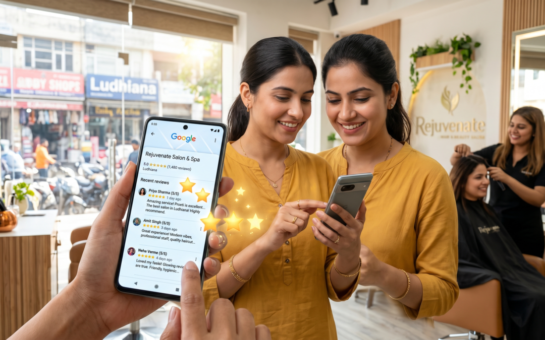 a smartphone showing Google reviews with 5-star ratings for a local Ludhiana business like a clinic or salon, customers leaving reviews, glowing stars, modern digital marketing interface, bright daylight, ultra realistic, trust and reputation theme