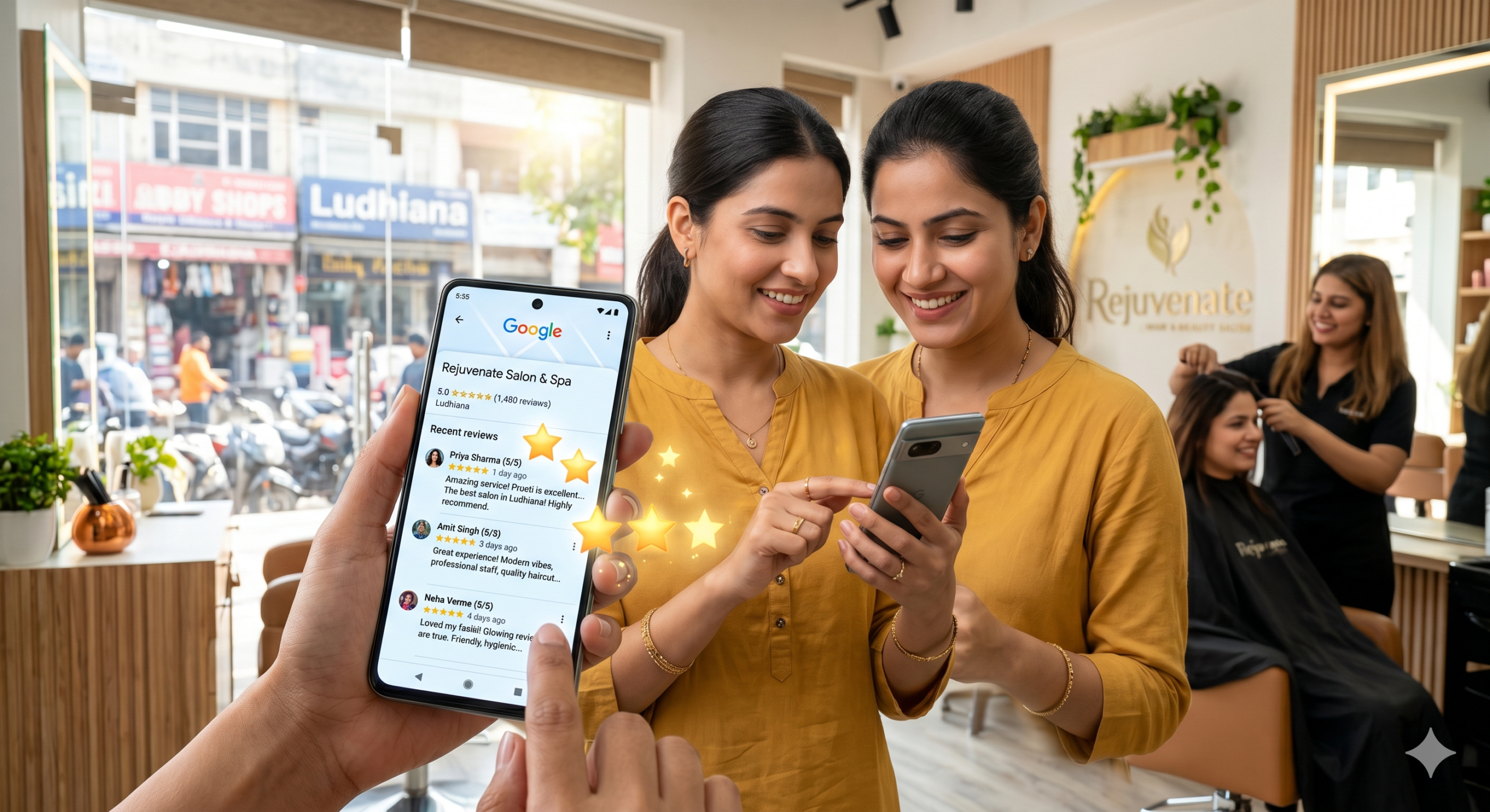 a smartphone showing Google reviews with 5-star ratings for a local Ludhiana business like a clinic or salon, customers leaving reviews, glowing stars, modern digital marketing interface, bright daylight, ultra realistic, trust and reputation theme